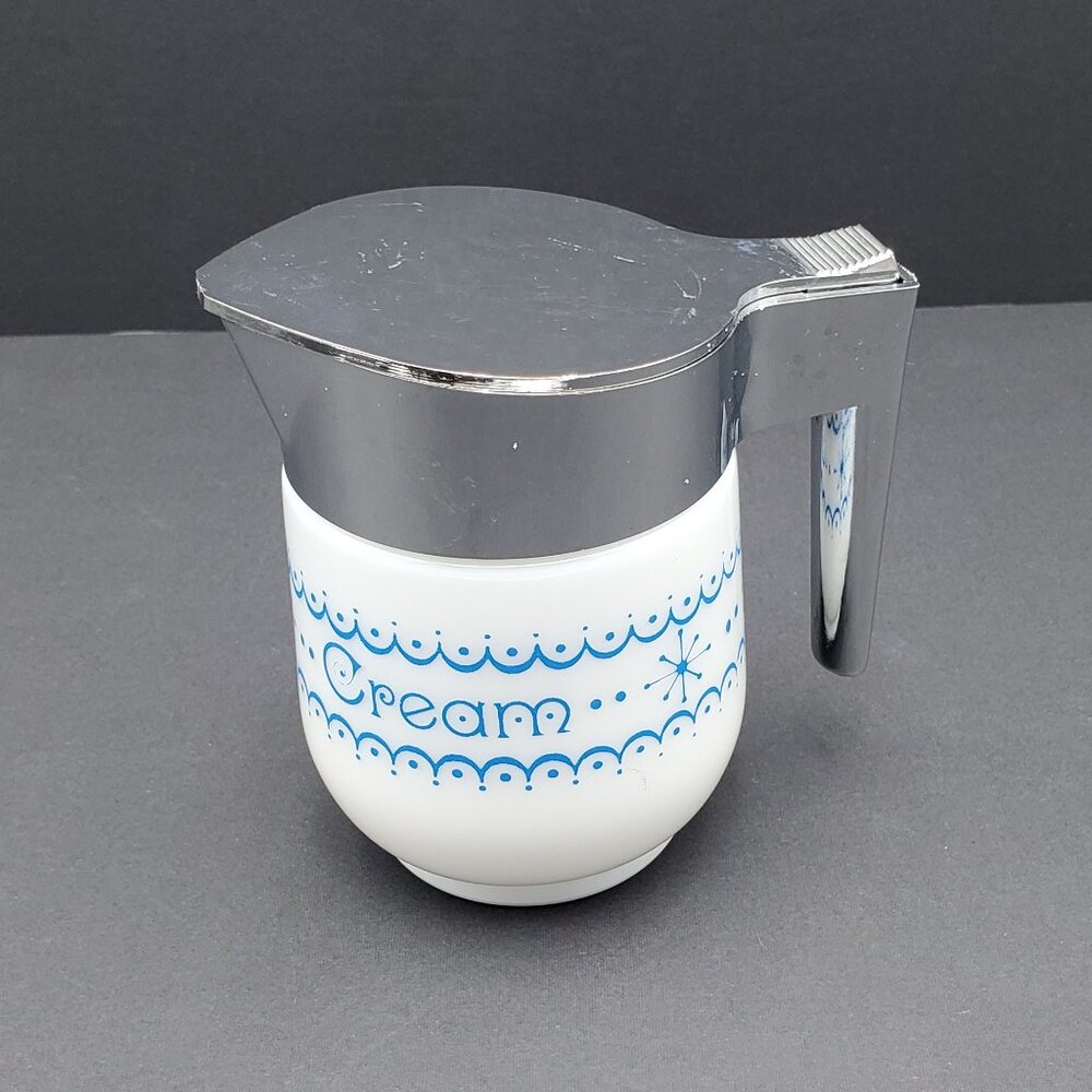 Gemco Snowflake Blue Creamer White Milk Glass Blue Snowflake Creamer